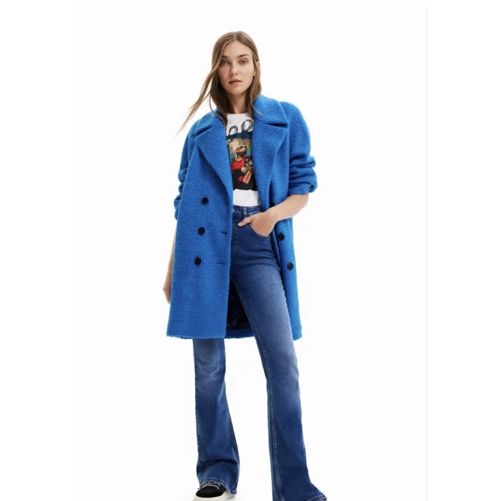 Desigual Chaq London Boucle Wool Blend Coat Blue Double Breasted Graffiti M L